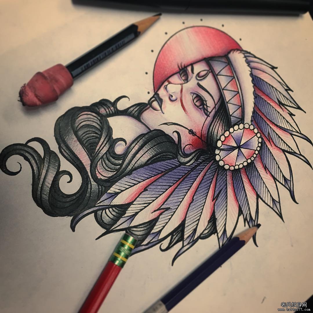 彩色个性女郎纹身手稿