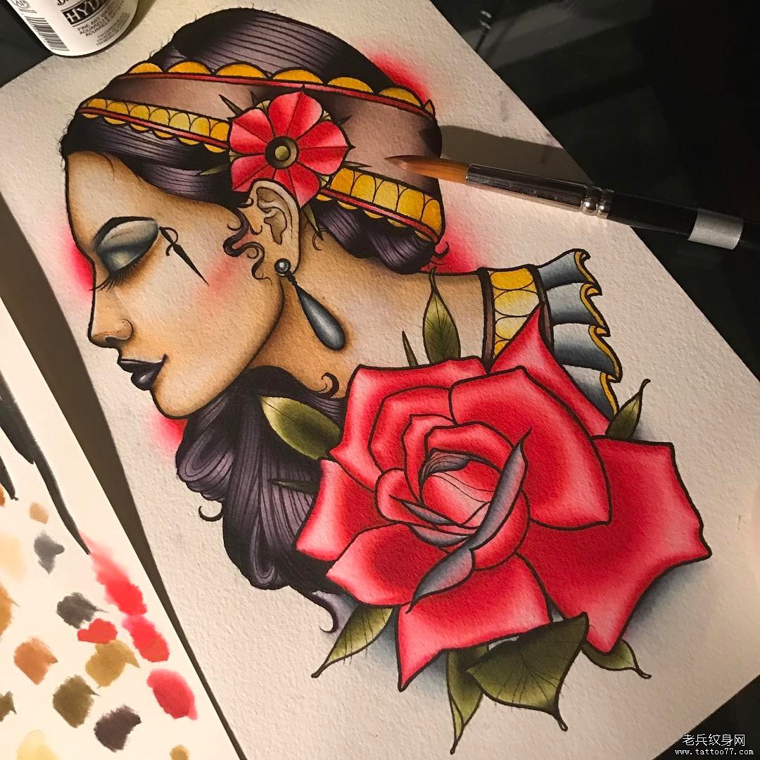 彩色个性女郎纹身手稿