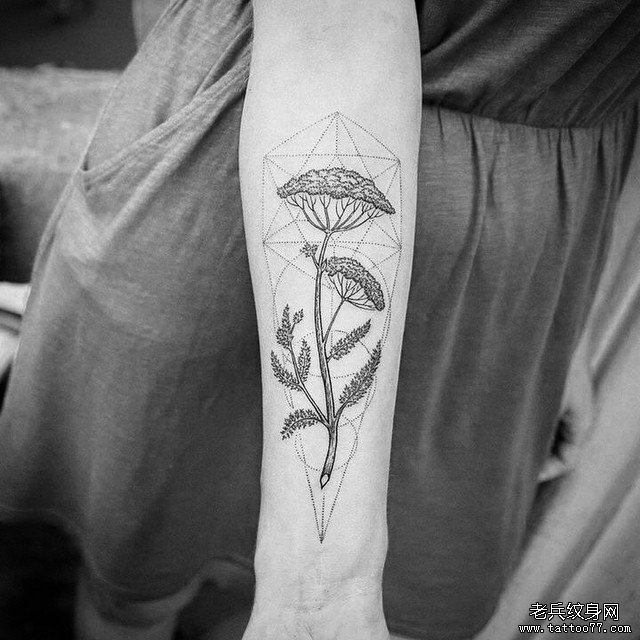 手臂黑灰花朵几何tattoo