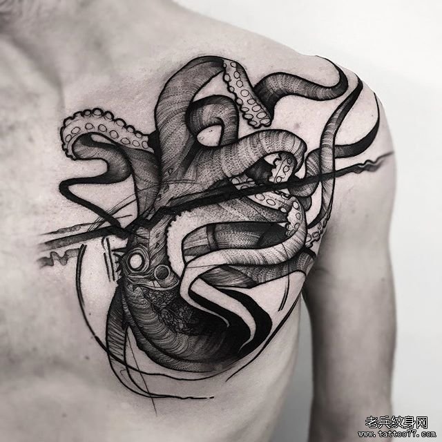 胸口个性抽象风格章鱼纹身图案