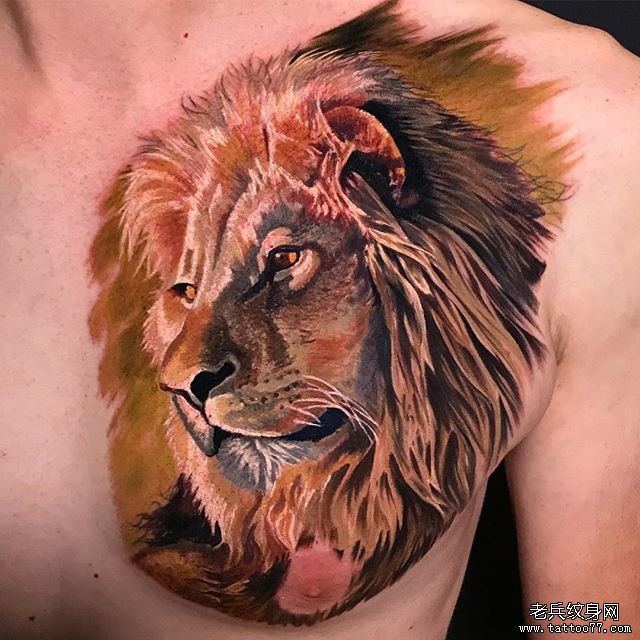 胸口写实狮子纹身图案