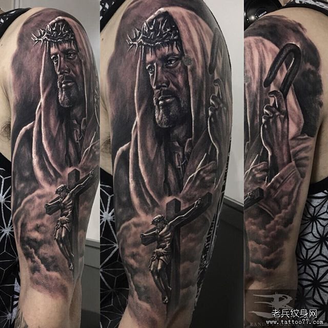 大臂欧美写实肖像耶稣纹身图案