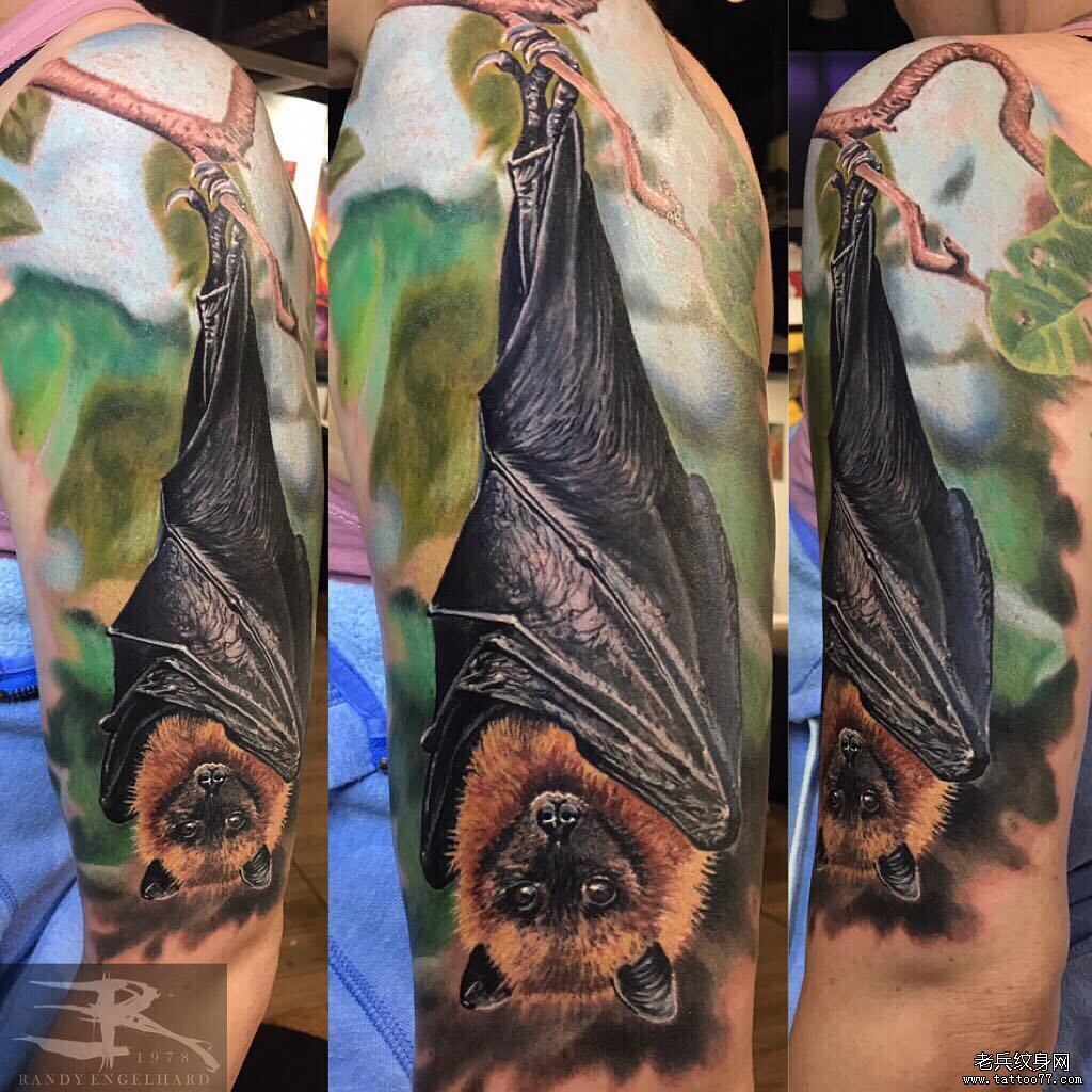 大臂写实蝙蝠纹身图案