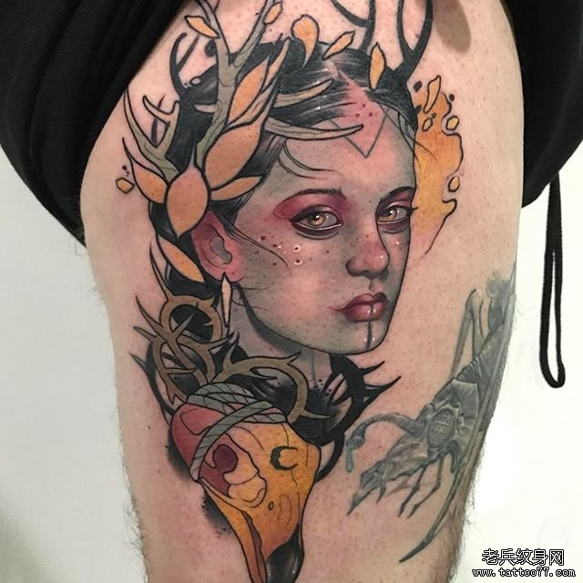 大腿个性彩色女郎纹身图案