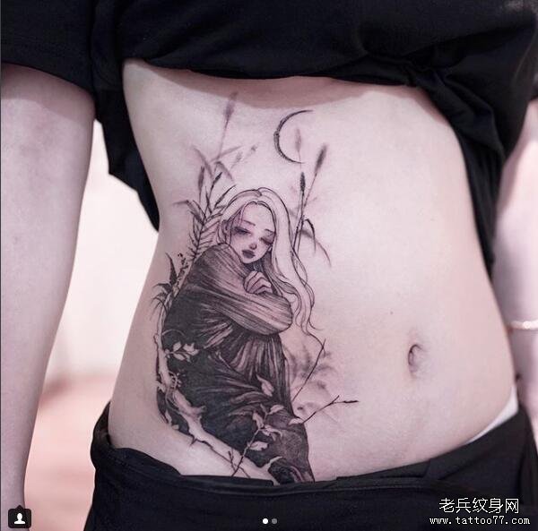 侧腰个性简笔小女孩纹身图案