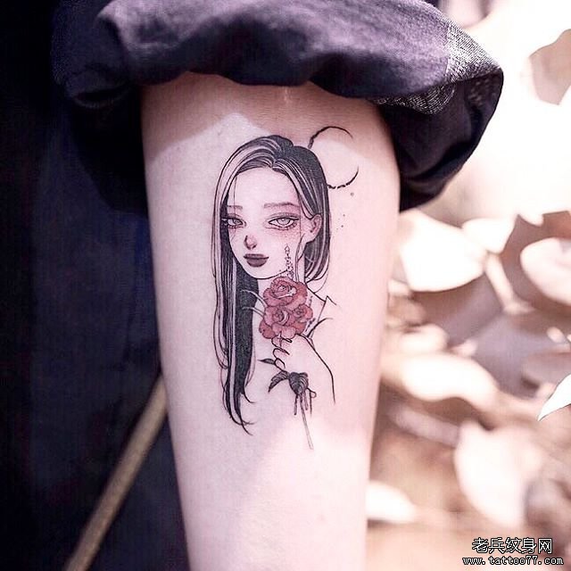 手臂个性小清新简笔小女孩纹身图案