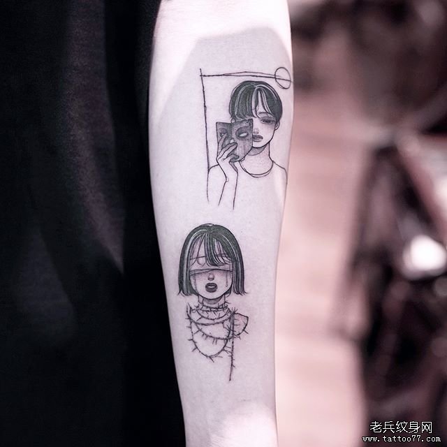 小清新简笔小男孩小女孩纹身图案