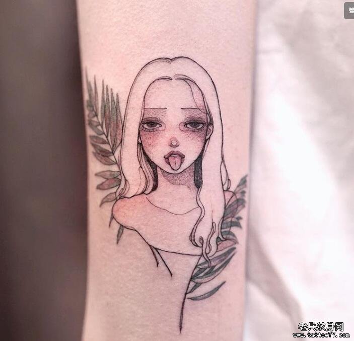 手臂简笔女孩树叶纹身图案