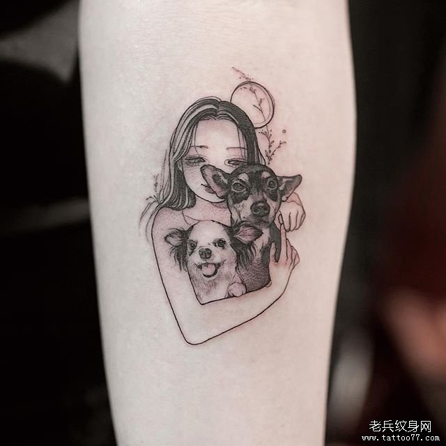手臂小清新女孩狗狗文身