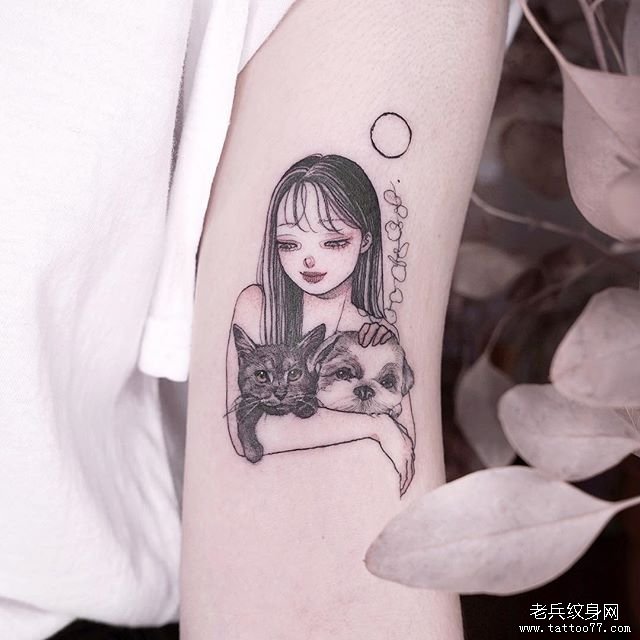 手臂黑灰小清新女孩狗狗tattoo