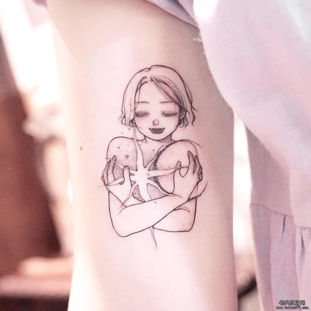 手臂小清新女孩肖像太阳月亮tattoo