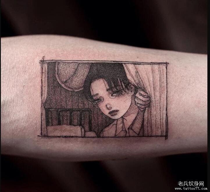 手臂黑灰男孩窗户纹身