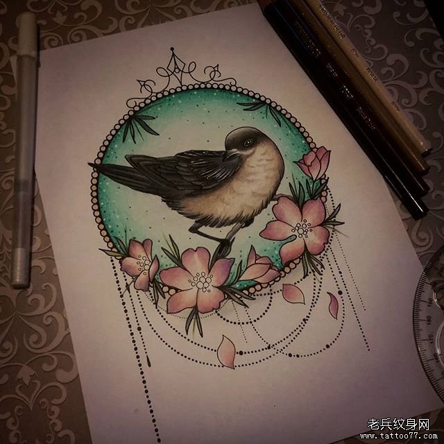 花环鸟纹身手稿