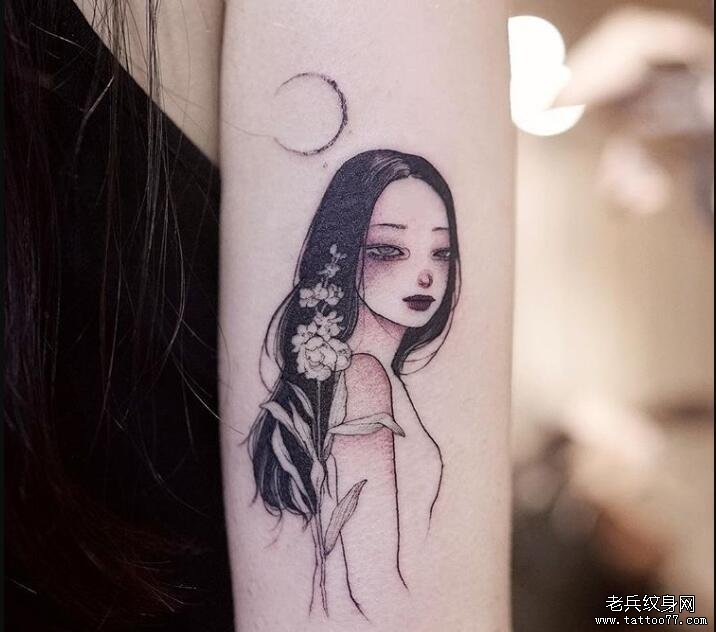 手臂小清新女孩肖像花纹身