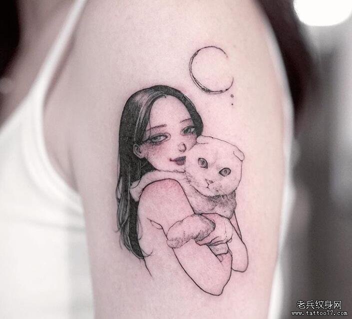 手臂黑灰小清新女孩肖像猫咪纹身