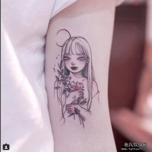 手臂小清新女孩肖像花纹身