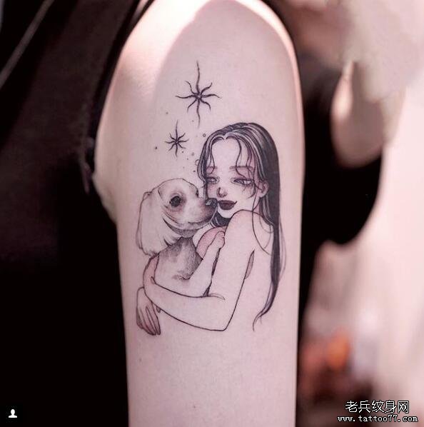 手臂黑灰小清新女孩狗狗tattoo