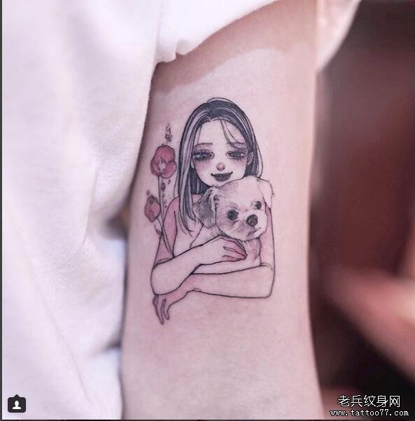 手臂小清新女孩狗狗纹身
