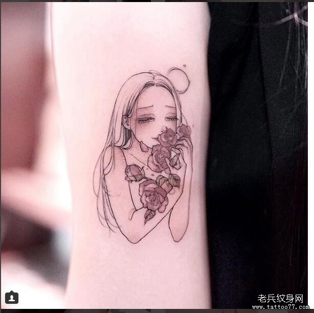 手臂小清新女孩玫瑰纹身