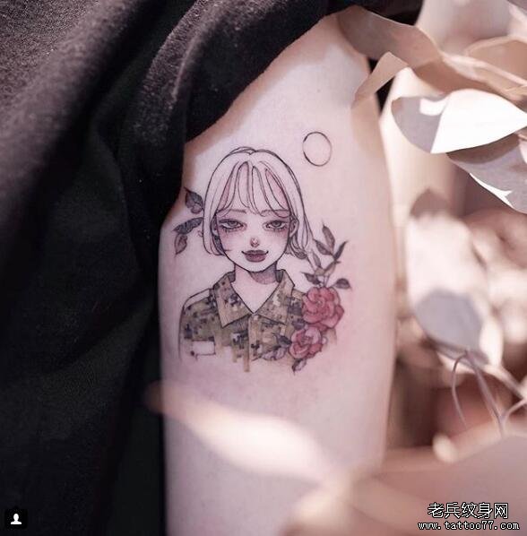 手臂小清新女孩肖像纹身
