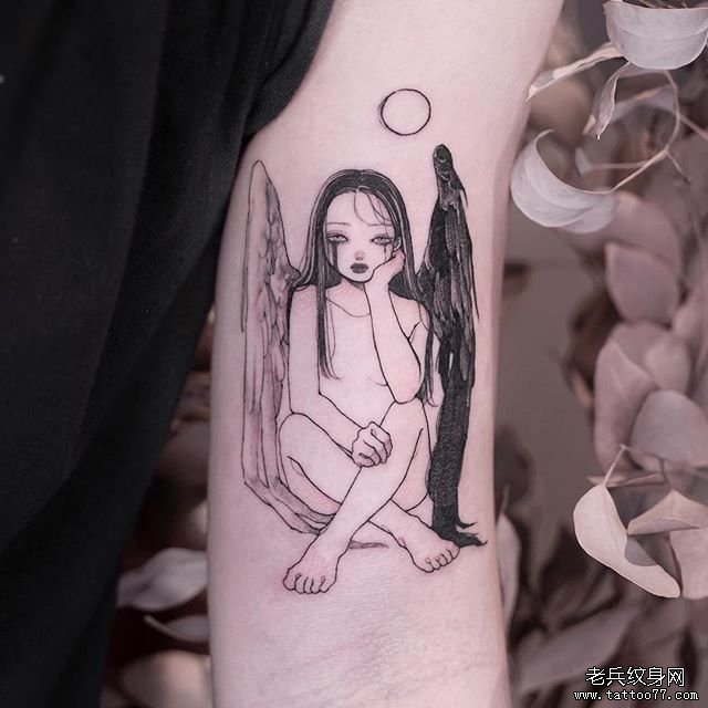 手臂小清新女孩翅膀天使恶魔tattoo