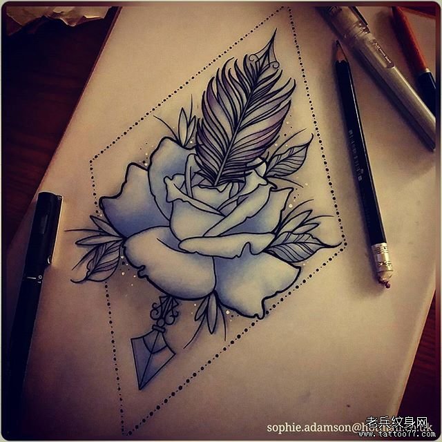 几何羽毛玫瑰纹身手稿