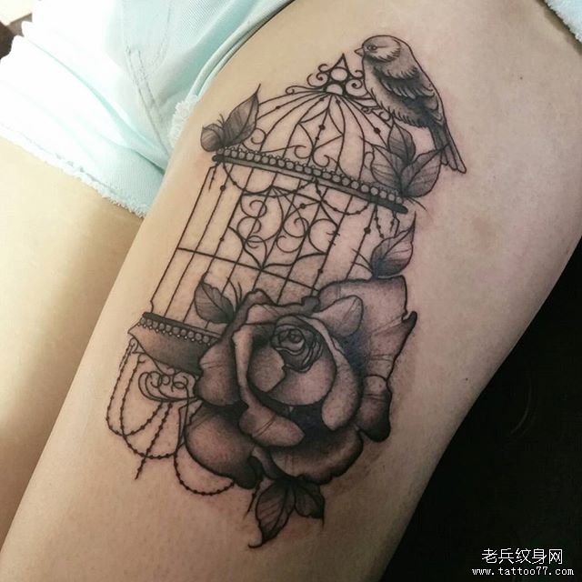 鸟笼玫瑰纹身图案