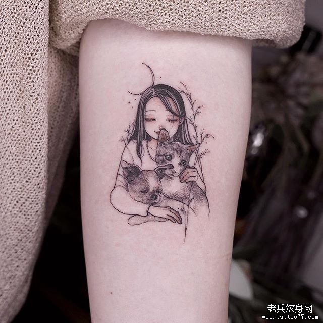 手臂小清新女孩肖像猫咪纹身