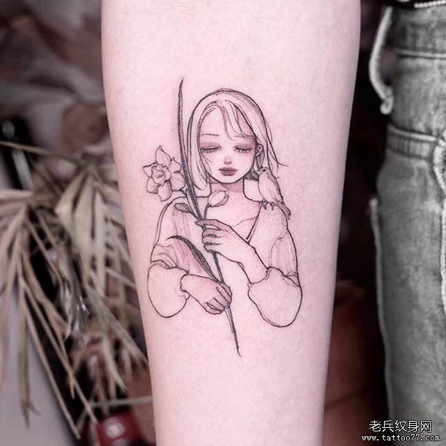 手臂小清新女孩肖像小鸟纹身