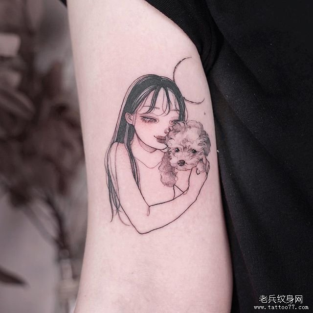 手臂小清新女孩肖像狗狗纹身