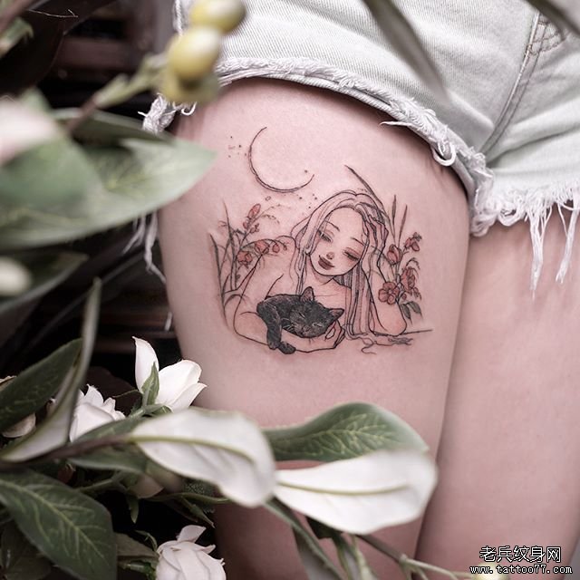 大腿小清新女孩猫咪花纹身
