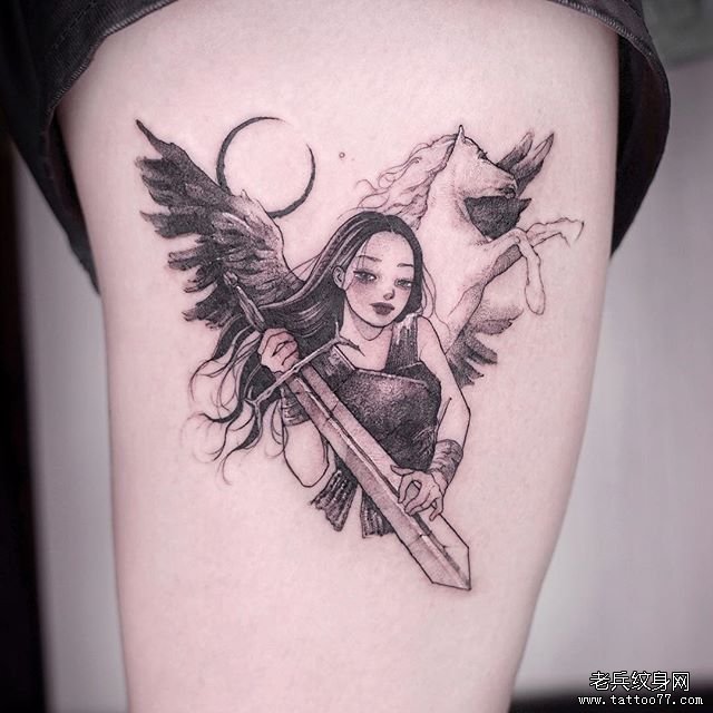 大腿小清新天使女孩白马纹身