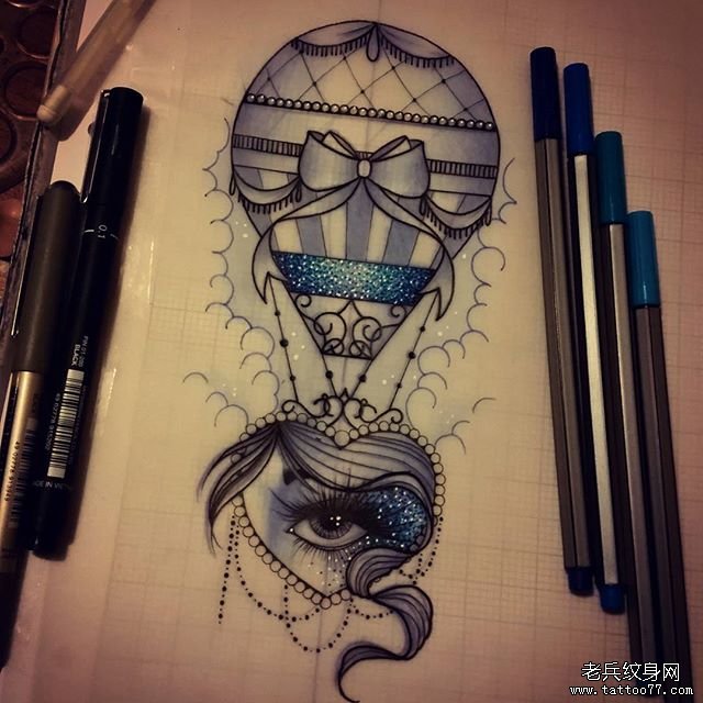 热气球爱心眼睛纹身手稿