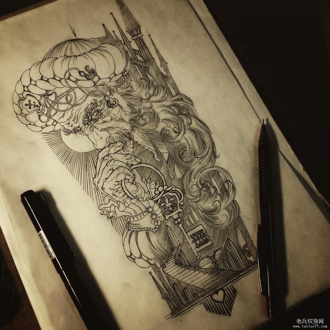 个性暗黑老人纹身手稿