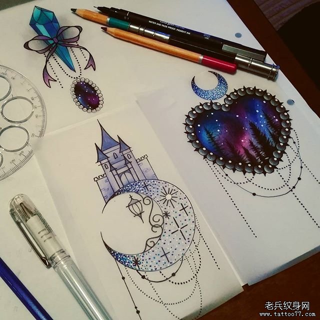 月亮爱心星空城堡纹身手稿