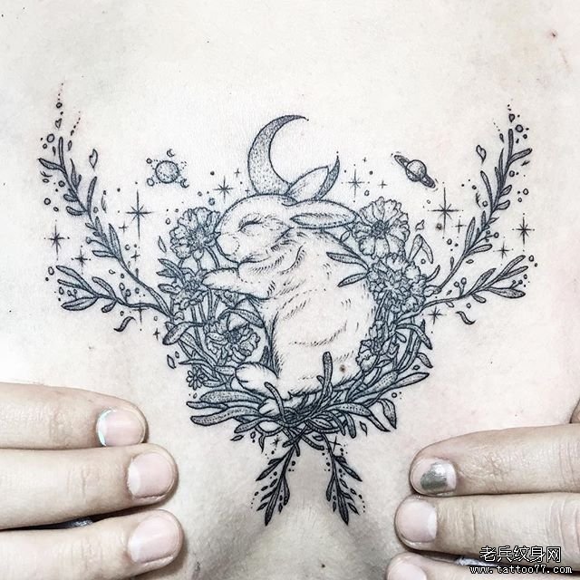 胸口小清新植物兔子纹身图案
