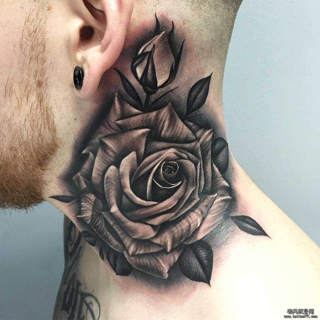 脖子黑灰写实玫瑰纹身图案