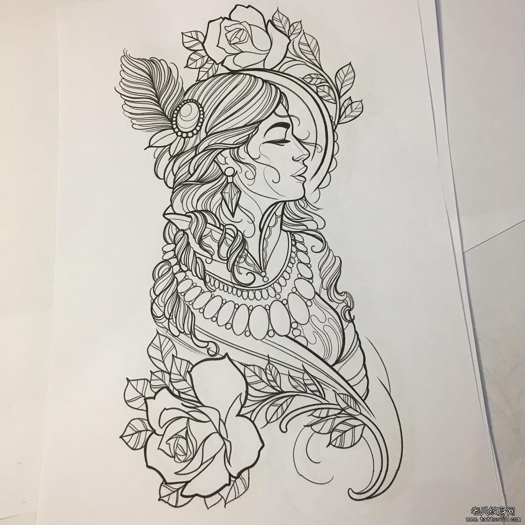 个性school女郎纹身线稿