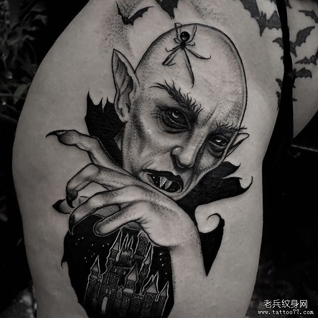 黑灰暗黑精灵城堡tattoo