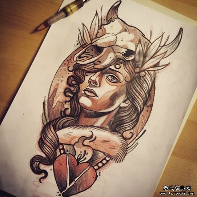 女郎骷髅纹身手稿