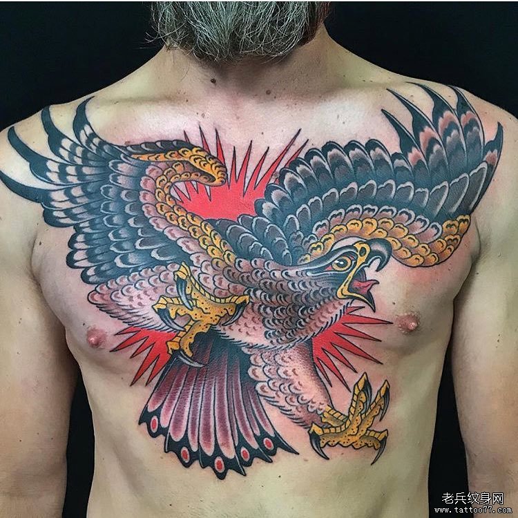 胸口个性彩色鹰纹身图案