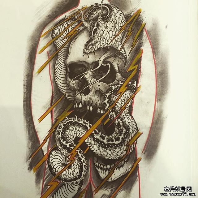 满背骷髅蛇纹身手稿