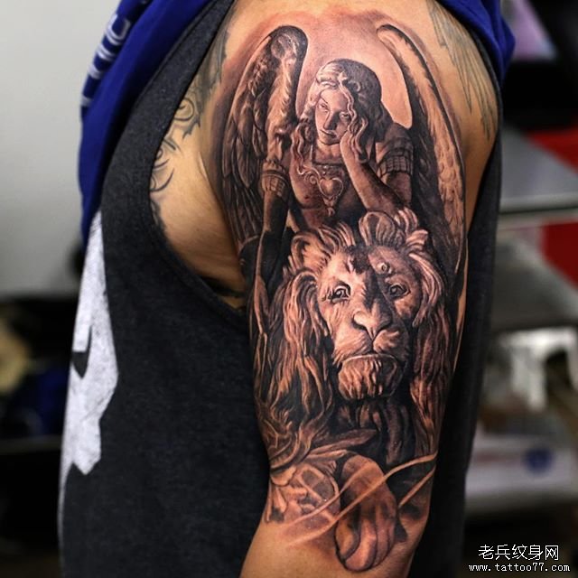 雕塑狮子天使纹身图案