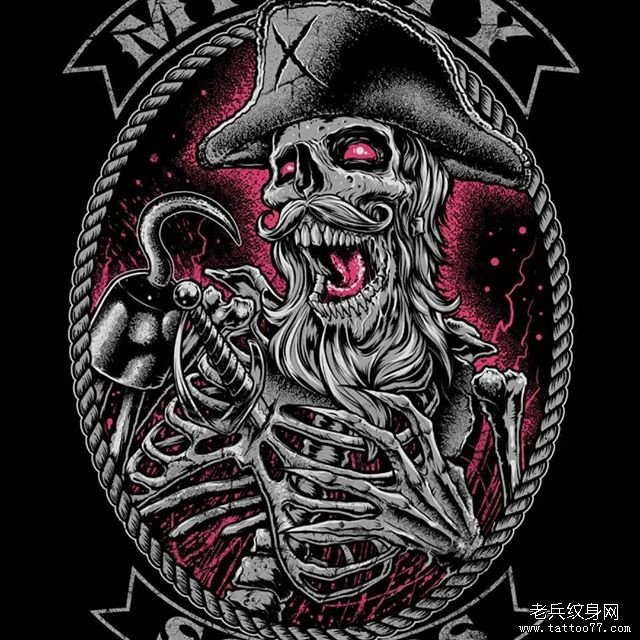 黑灰骷髅船长文身