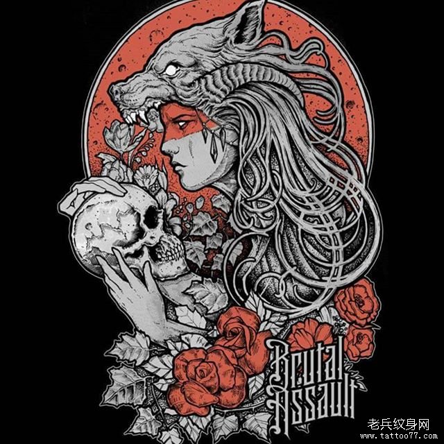 色彩狼头女郎纹身