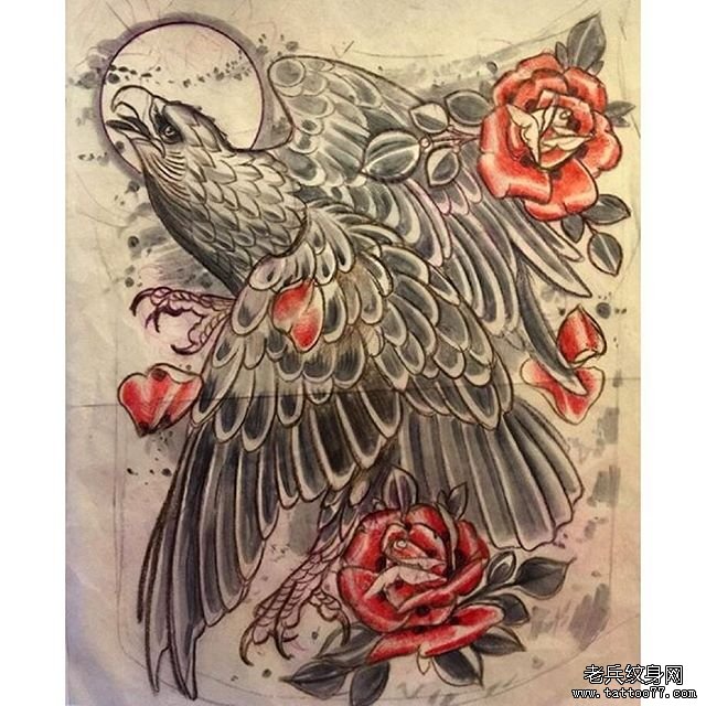 school老鹰玫瑰纹身图案
