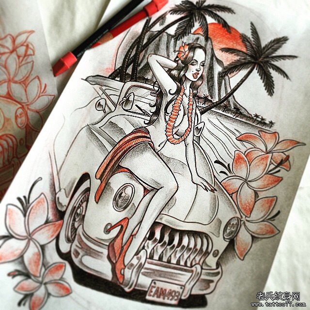 school女郎汽车纹身图案