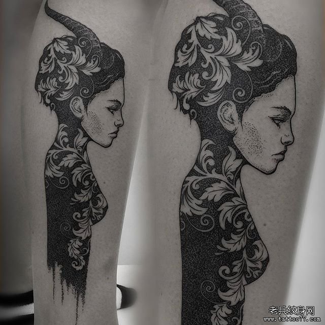 黑灰羊角女郎纹身
