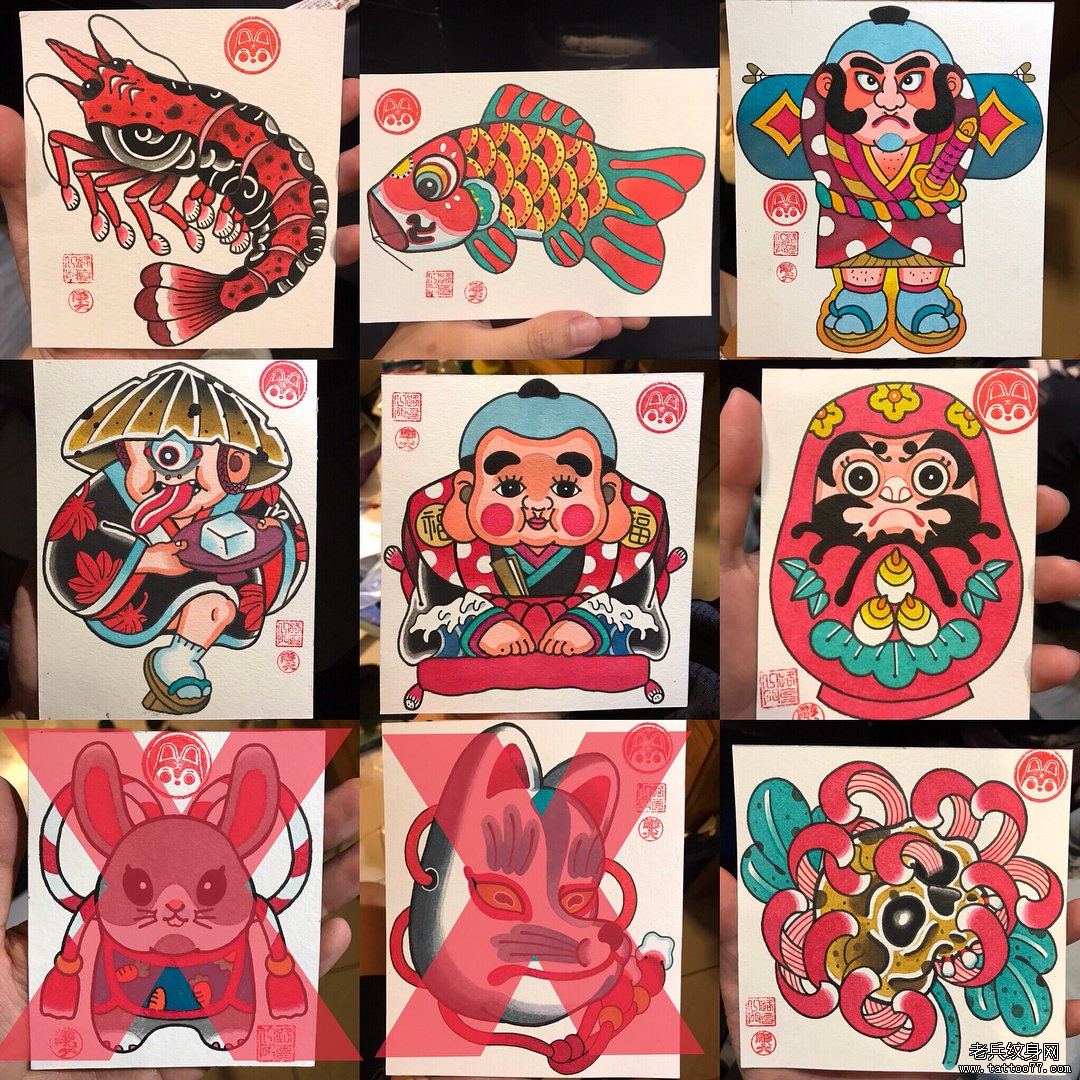 日式彩色传统图案纹身手稿