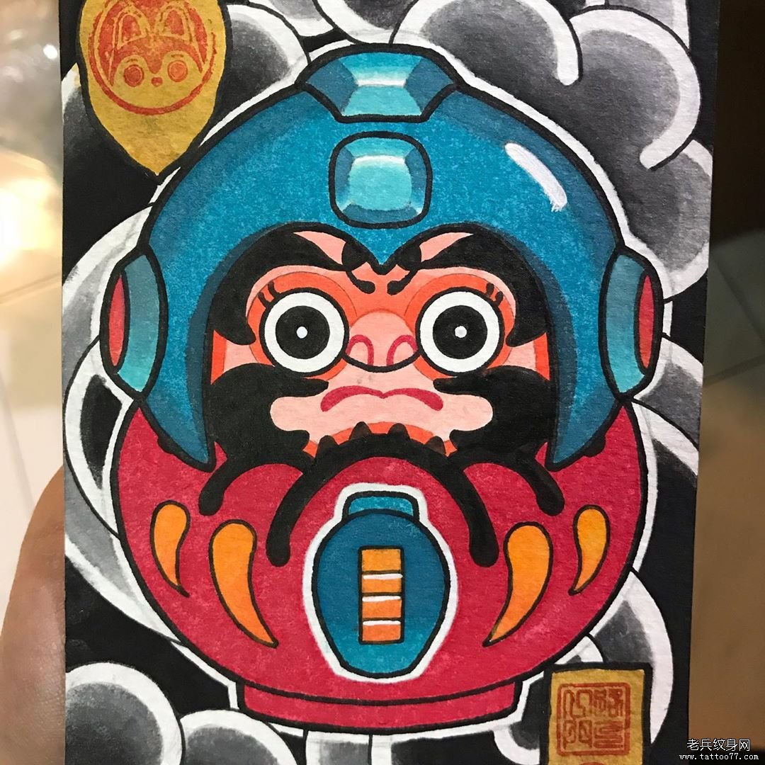 个彩色达摩纹身手稿